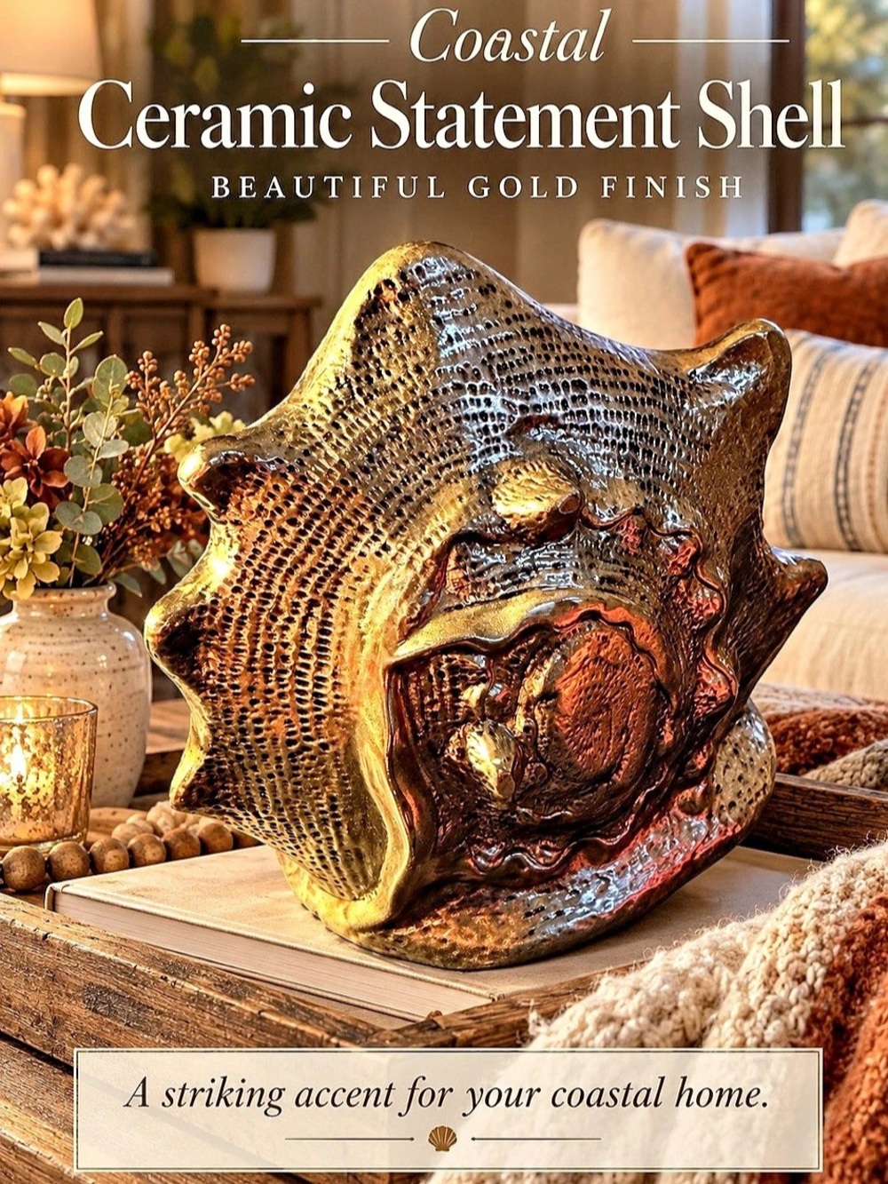 Large Coastal Ceramic Statement Shell Gold Ceramic Decor Year Around